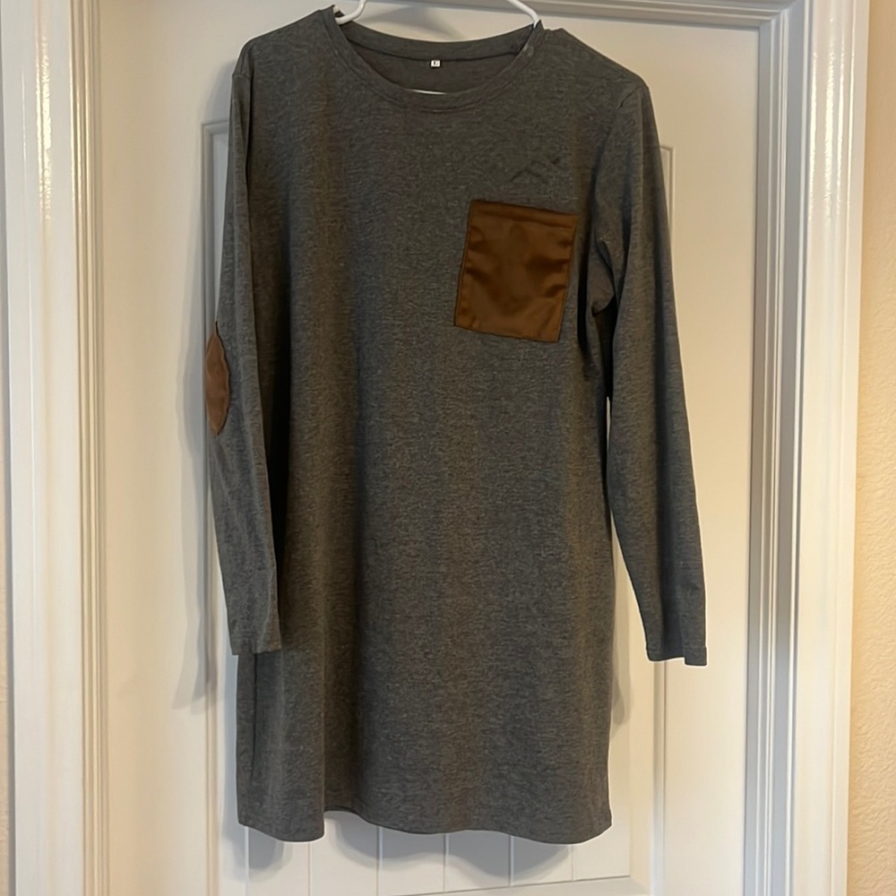 Dark heather gray long sleeved dress with brown elbow patches and brown pocket